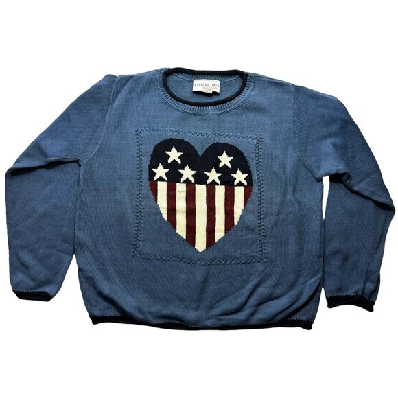 Vintage 100% Handknit Heart American Flag Blue Crewneck Sweater Woman's Size XL - Picture 1 of 5